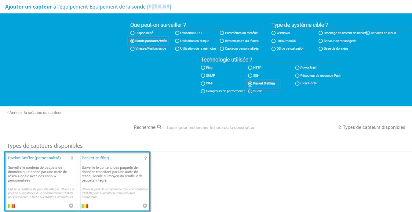 Capture d'écran PRTG type de capteur renifleur de paquets