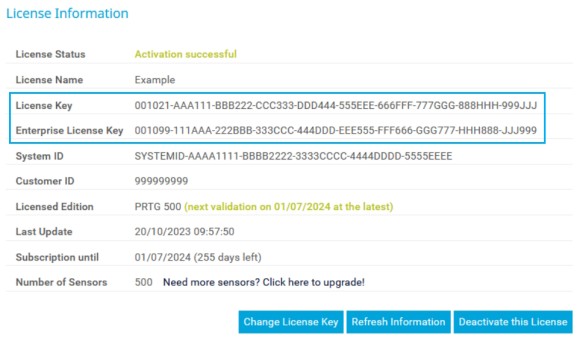 PRTG Screenshot License information
