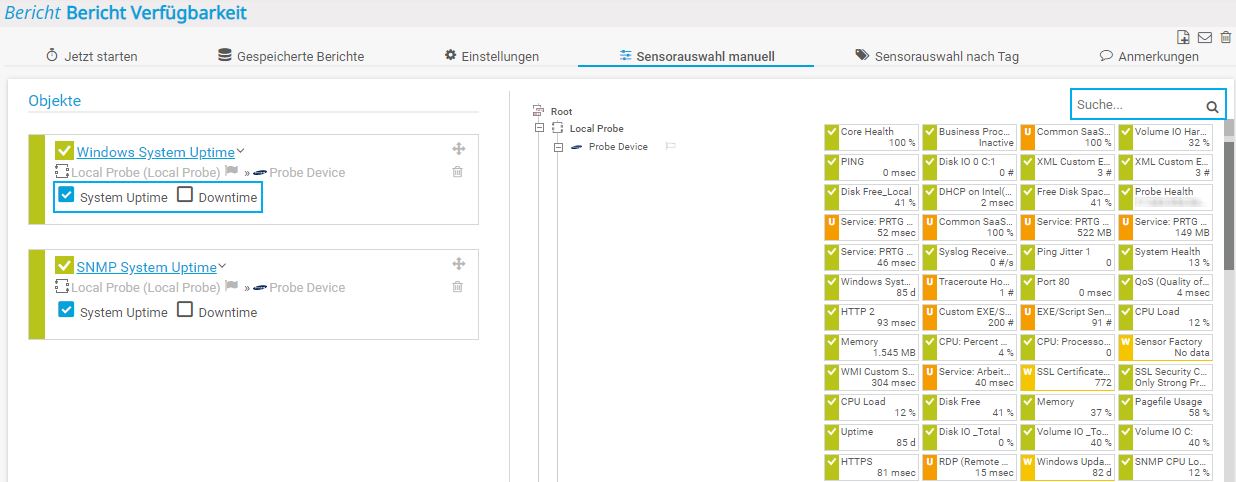 PRTG Screenshot Betriebszeit-Bericht