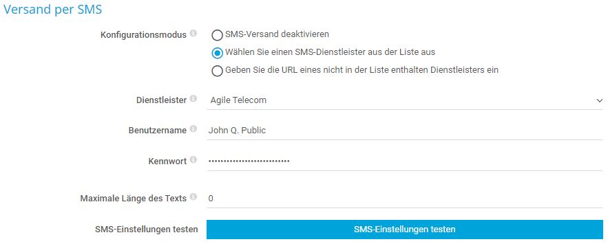 PRTG Screenshot SMS-Zustellungseinstellungen