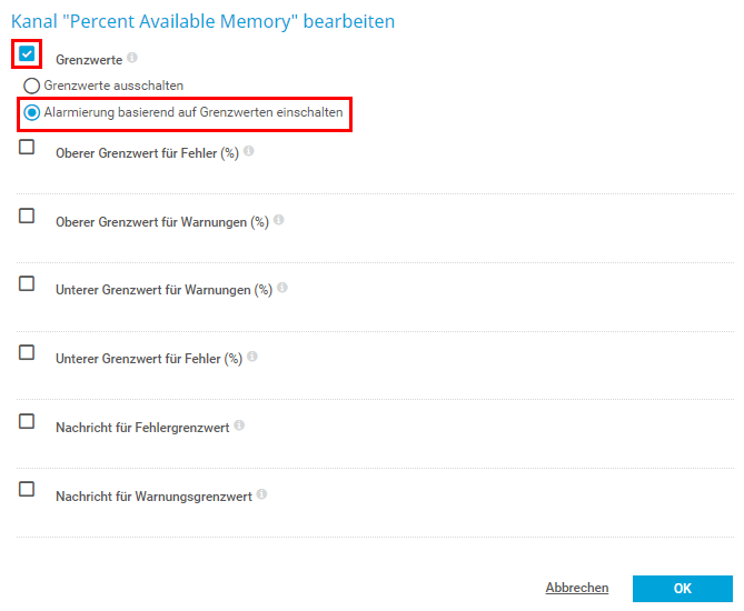 PRTG Screenshot Grenzwerte eingeben