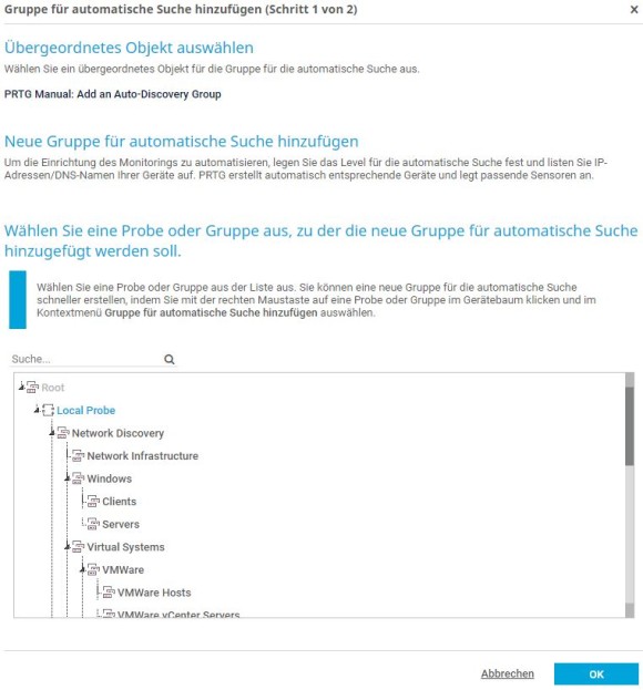 Screenshot PRTG Automatische Suche Gruppe