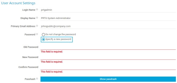 Configurações de conta de usuário da captura de tela do PRTG