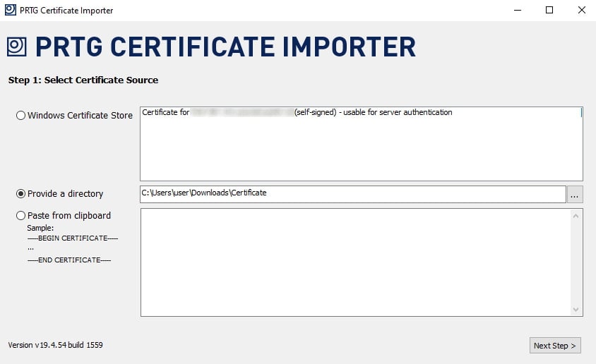 Importador de certificado de captura de tela do PRTG