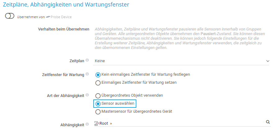 Screenshot PRTG-Abhängigkeitstyp wählen Sie einen Sensor 