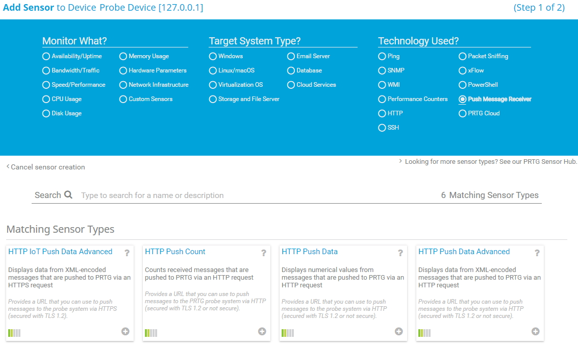 Capture d'écran PRTG ajouter un capteur à la fenêtre de sonde de l'appareil
