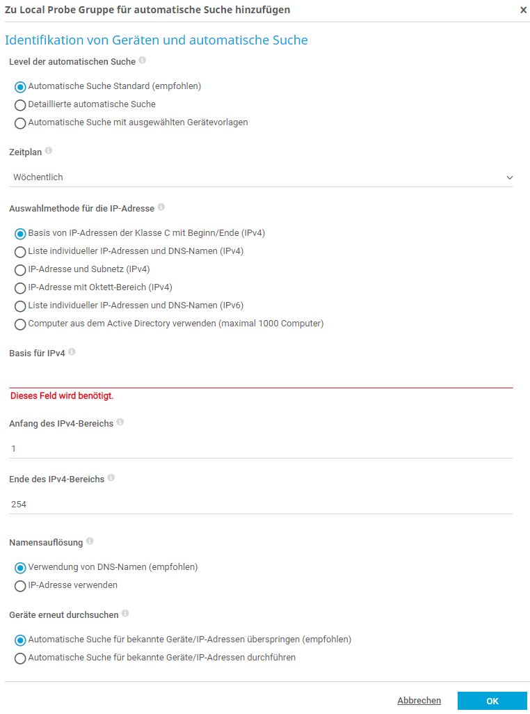 Screenshot PRTG Automatische Suche Gruppe zu Local Probe