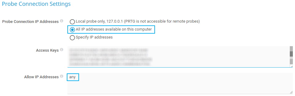 Configurações de conexão da sonda de captura de tela do PRTG