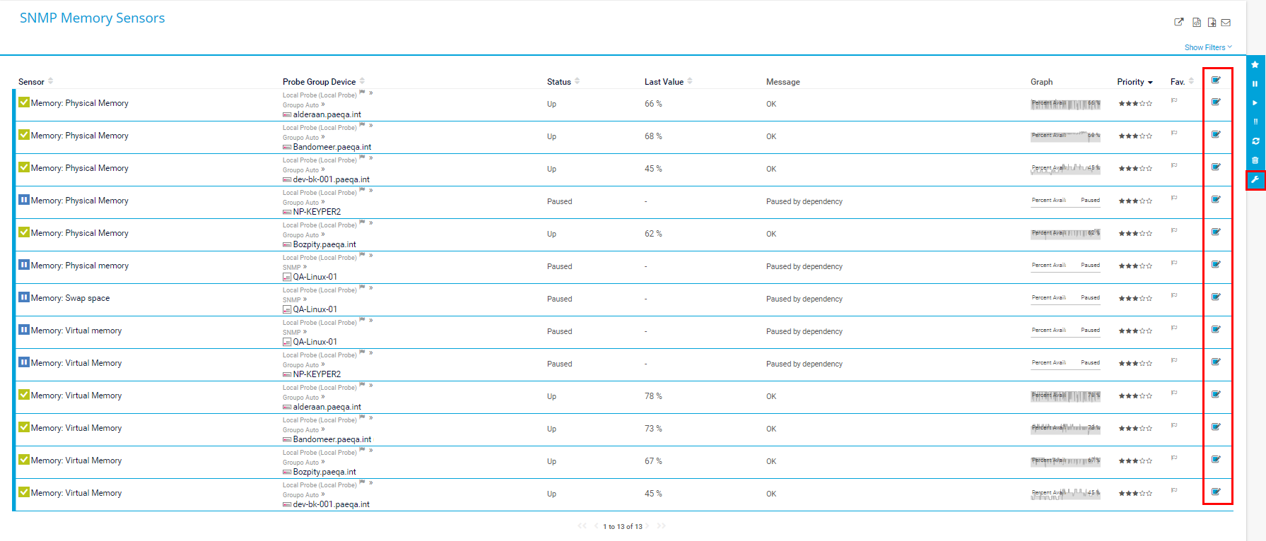 PRTG Screenshot SNMP Memory Sensors
