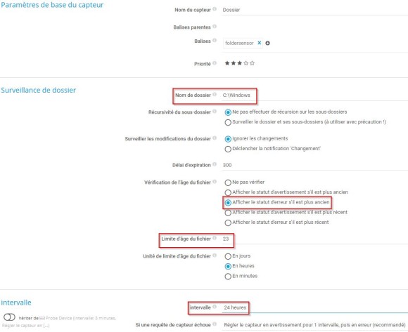 Capture d'écran PRTG paramètres de base du capteur - supervision du dossier