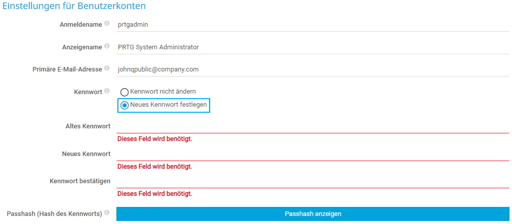 PRTG-Screenshot Benutzerkontoeinstellungen
