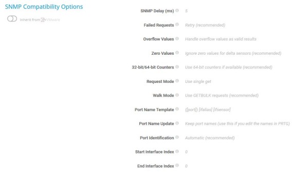 Captura de tela do PRTG Opções de compatibilidade SNMP
