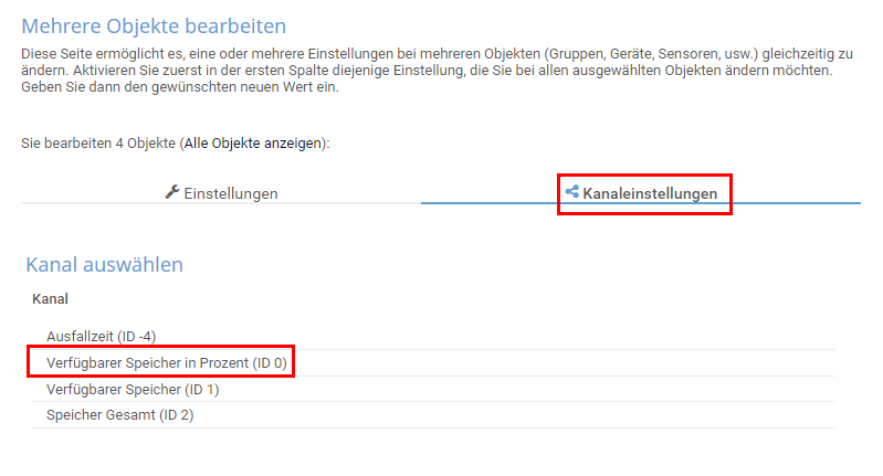 PRTG Screenshot Mehrere Objekte bearbeiten