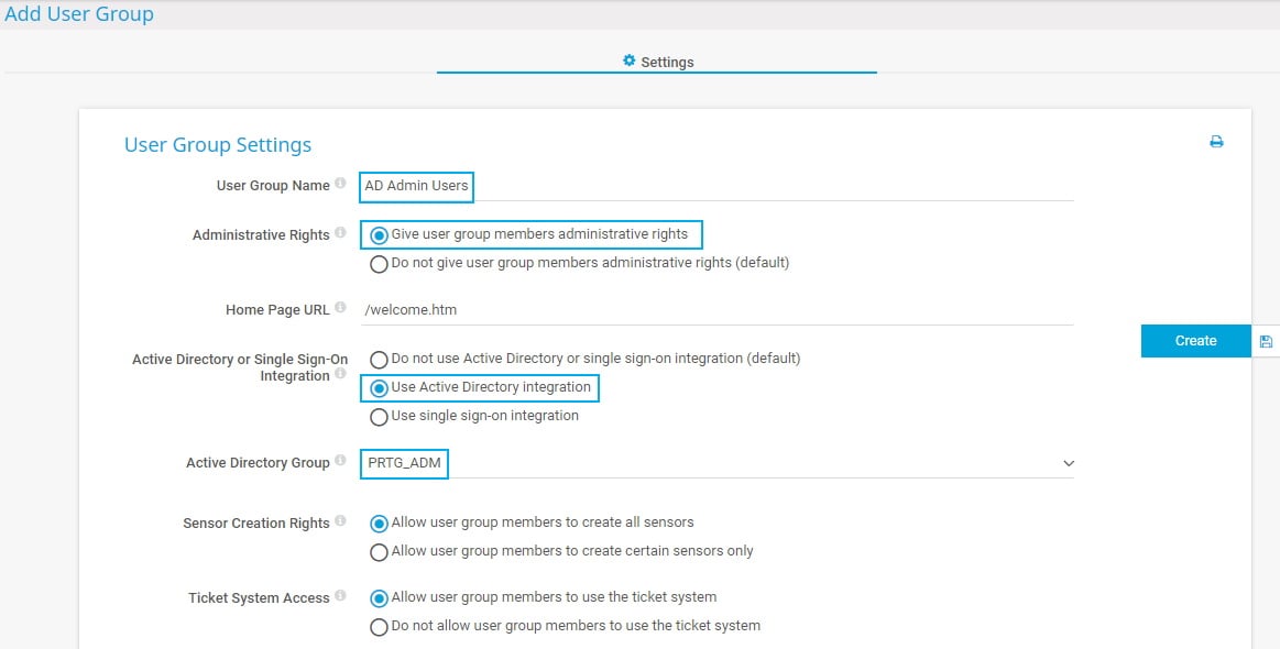 Captura de tela do PRTG Add User Group (Adicionar grupo de usuários)