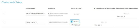 PRTG pantalla de configuración del nodo de clúster