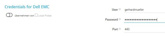 PRTG Screenshot-Zugangsdaten für Dell EMC