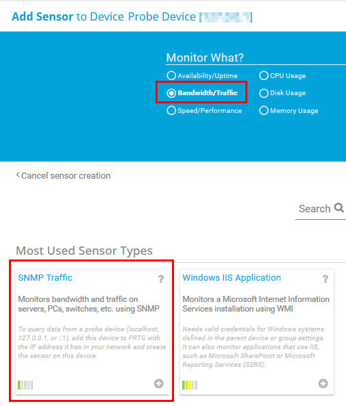 Captura de pantalla PRTG add sensor to device Ventana Probe Device