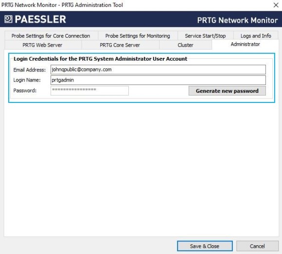 PRTG Screenshot admin tool change login credentials