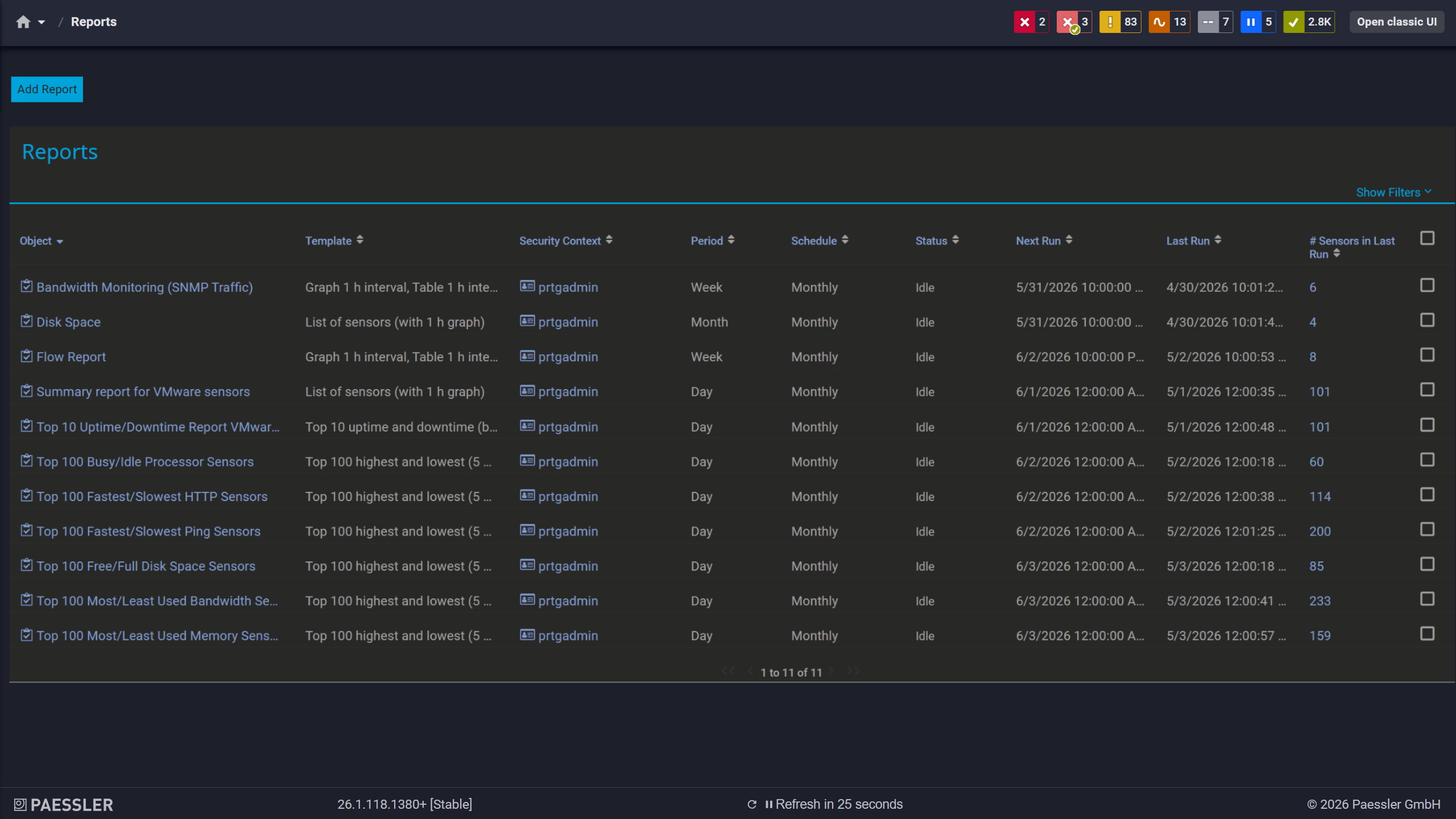 PRTG reports list showing scheduled monitoring reports with run times and sensor counts