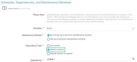 Captura de pantalla PRTG tipo de dependencia seleccionar un sensor 