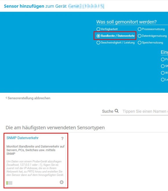 Screenshot PRTG fügt Sensor zu Gerät hinzu Fenster Probe Device