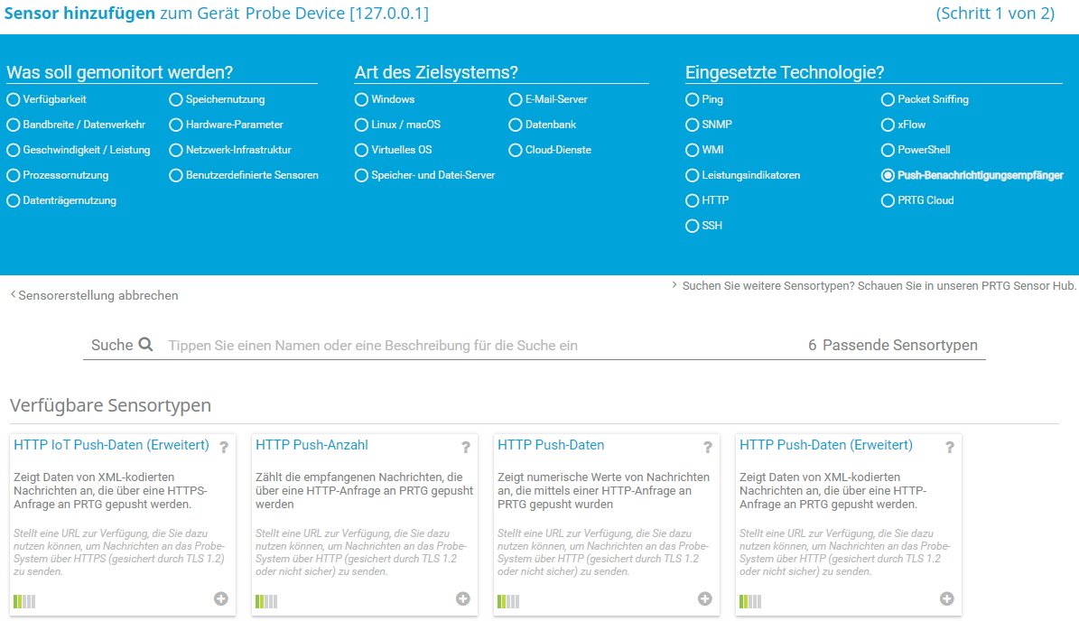 PRTG-Screenshot Sensor zu Gerät hinzufügen Probe-Gerätefenster