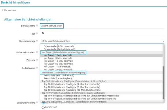 PRTG Screenshot Grundeinstellungen für Berichte
