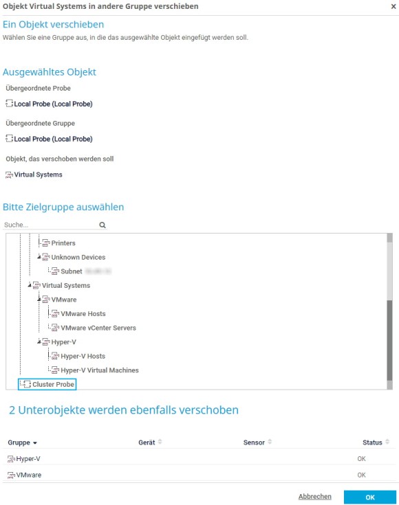 PRTG Screenshot Verschieben eines Objekts in eine andere Gruppe
