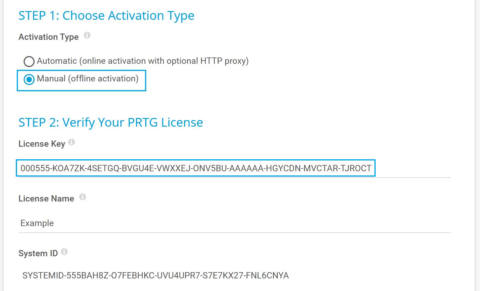 PRTG Screenshot Step 1 - choose activation type
